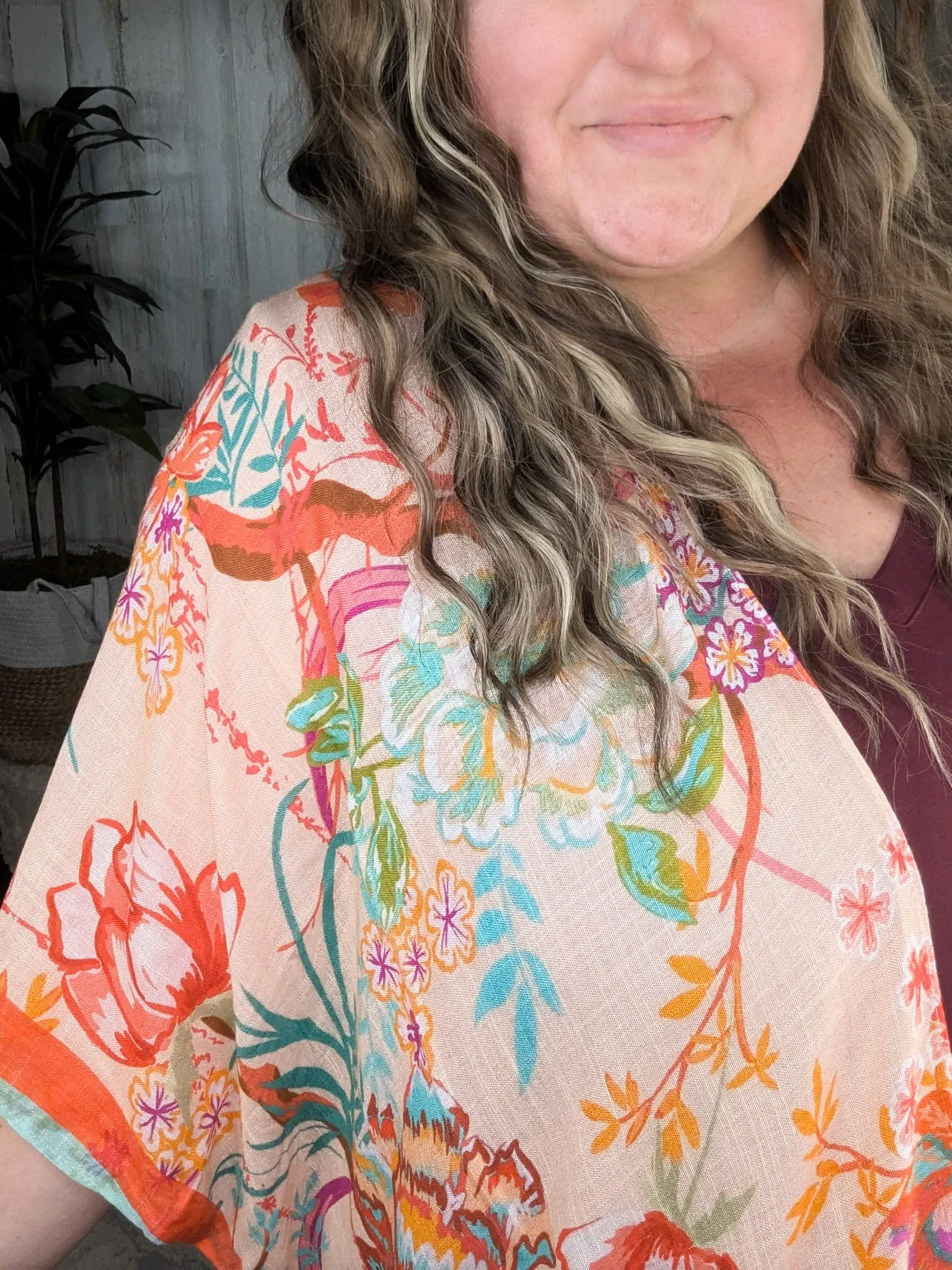 Nicole Peach Floral Kimono w/Ditsy Floral Border