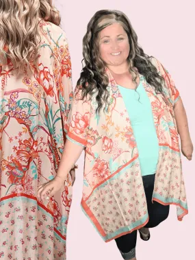 Nicole Peach Floral Kimono w/Ditsy Floral Border