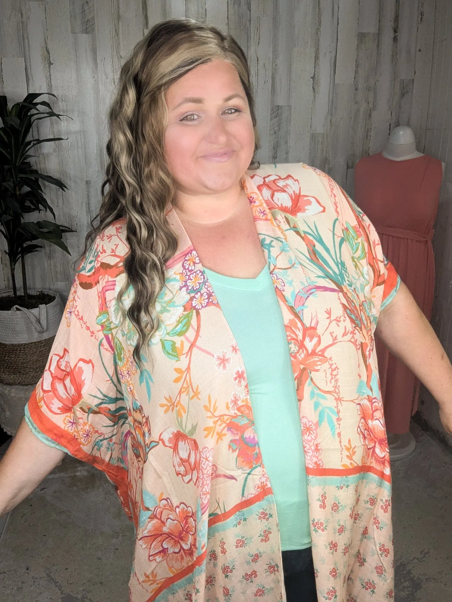 Nicole Peach Floral Kimono w/Ditsy Floral Border