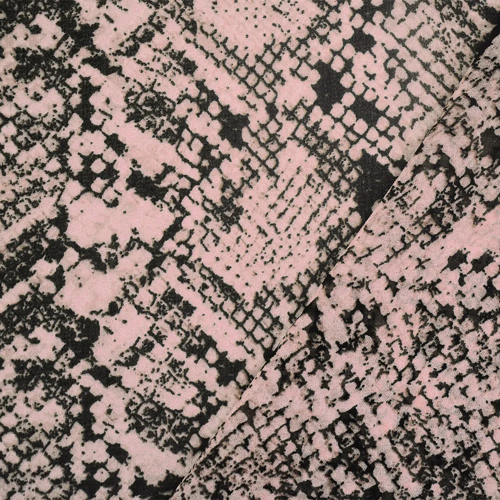 Pink-Black-Beige Snake Printed Poly Chiffon Woven Fabric