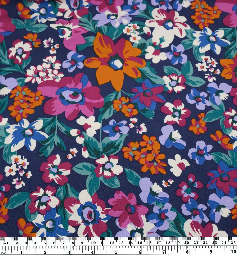 Playful Petals Rayon Challis - Magenta/Orange/Navy