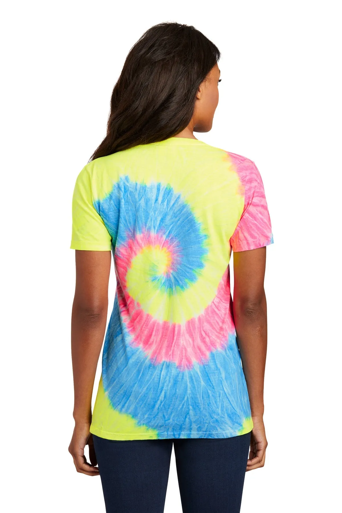 Port & Company Ladies Tie Dye Custom V-Neck Tee's, Neon Rainbow