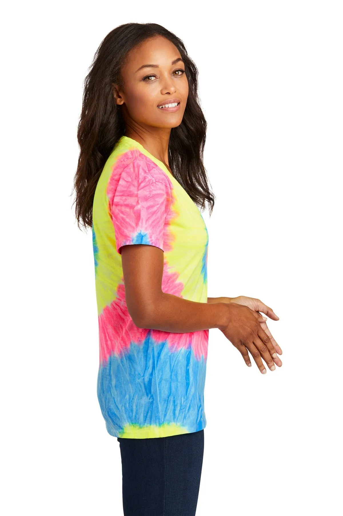 Port & Company Ladies Tie Dye Custom V-Neck Tee's, Neon Rainbow