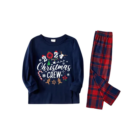 "2024 Christmas Crew" Text and Santa Hat Prints Blue Long Sleeves Top with Red and Blue Plaid Pants Christmas Matching Pajamas