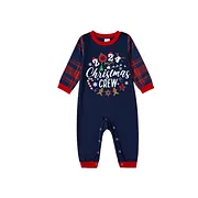 "2024 Christmas Crew" Text and Santa Hat Prints Blue Long Sleeves Top with Red and Blue Plaid Pants Christmas Matching Pajamas