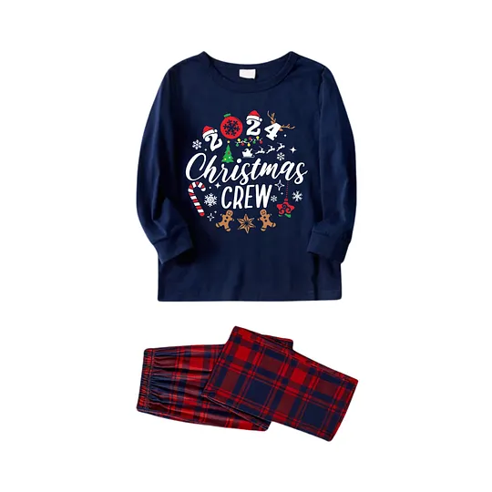 "2024 Christmas Crew" Text and Santa Hat Prints Blue Long Sleeves Top with Red and Blue Plaid Pants Christmas Matching Pajamas