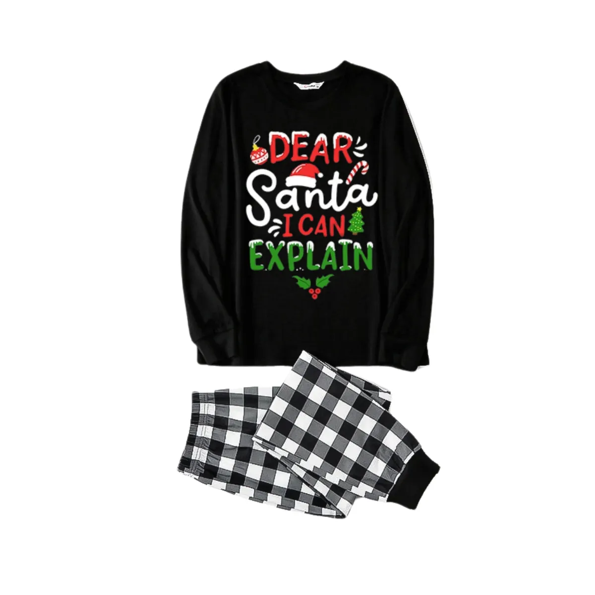 "Dear Santa I can Explain" Slogan Printed Black and White Plaid Pants Family Matching Pajamas