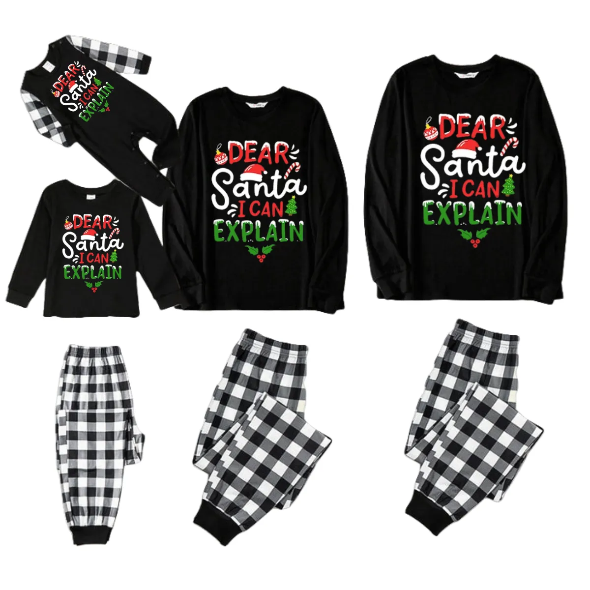 "Dear Santa I can Explain" Slogan Printed Black and White Plaid Pants Family Matching Pajamas