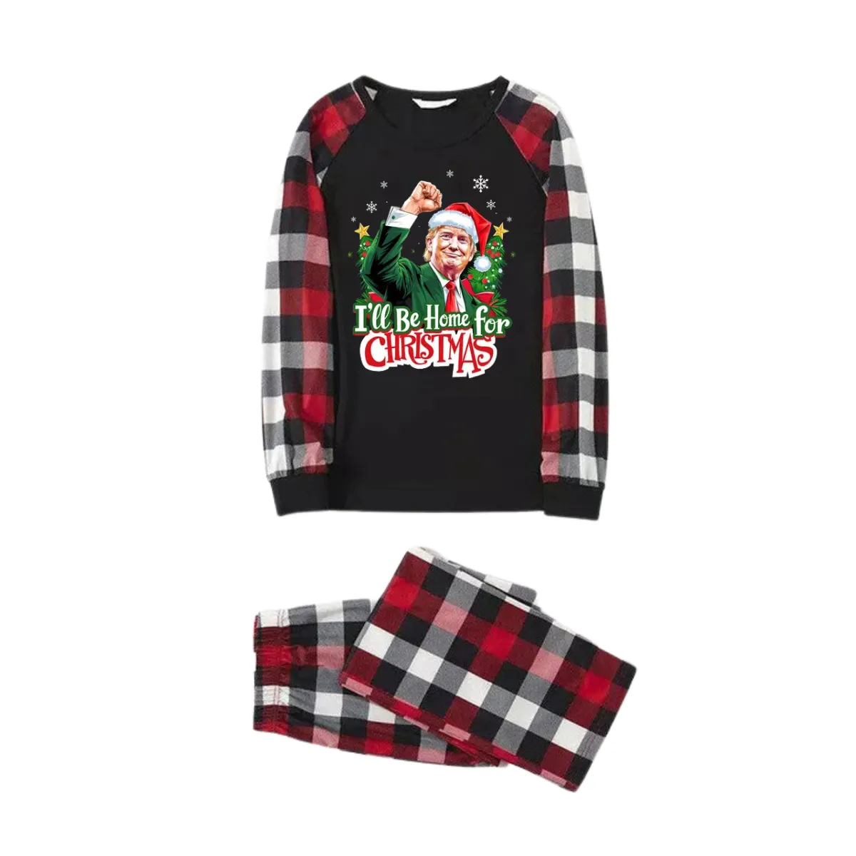 "I will be home for Christmas"Letter Printed Black and Red Plaid Family Pajama Set