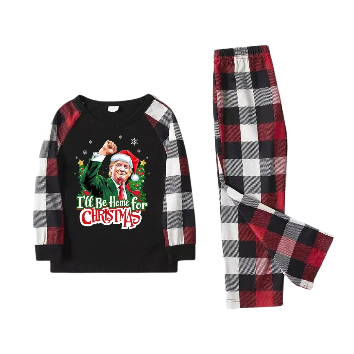 "I will be home for Christmas"Letter Printed Black and Red Plaid Family Pajama Set