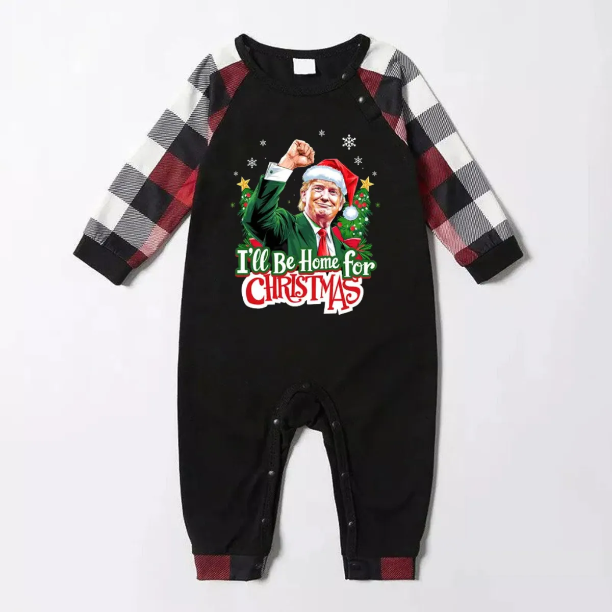 "I will be home for Christmas"Letter Printed Black and Red Plaid Family Pajama Set