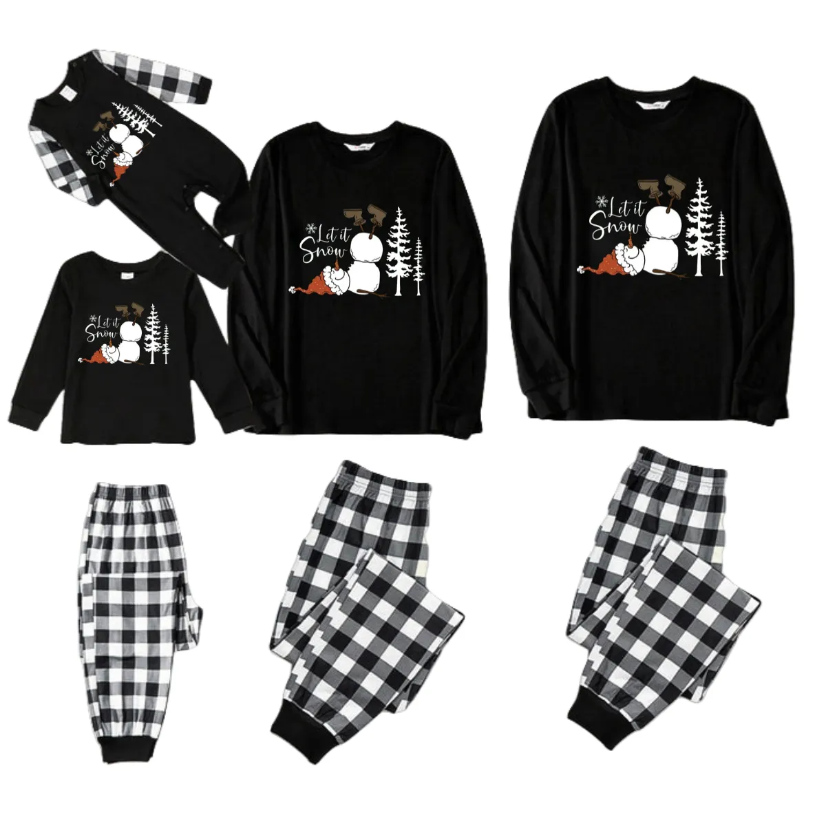 "Let it Snow" Text and Snowman Prints Black and White Plaid Family Matching Pajamas