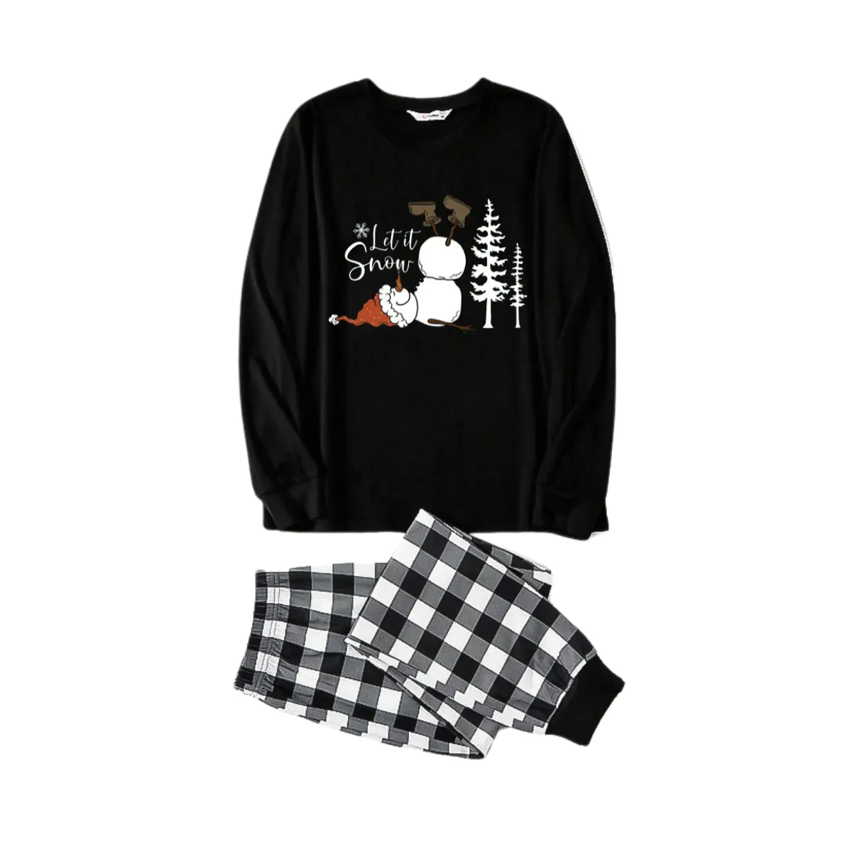 "Let it Snow" Text and Snowman Prints Black and White Plaid Family Matching Pajamas