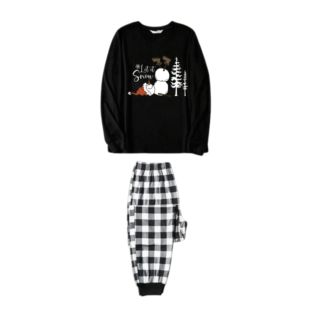 "Let it Snow" Text and Snowman Prints Black and White Plaid Family Matching Pajamas