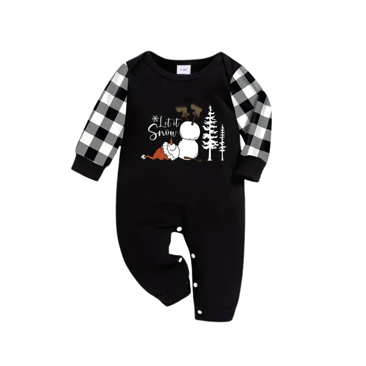 "Let it Snow" Text and Snowman Prints Black and White Plaid Family Matching Pajamas