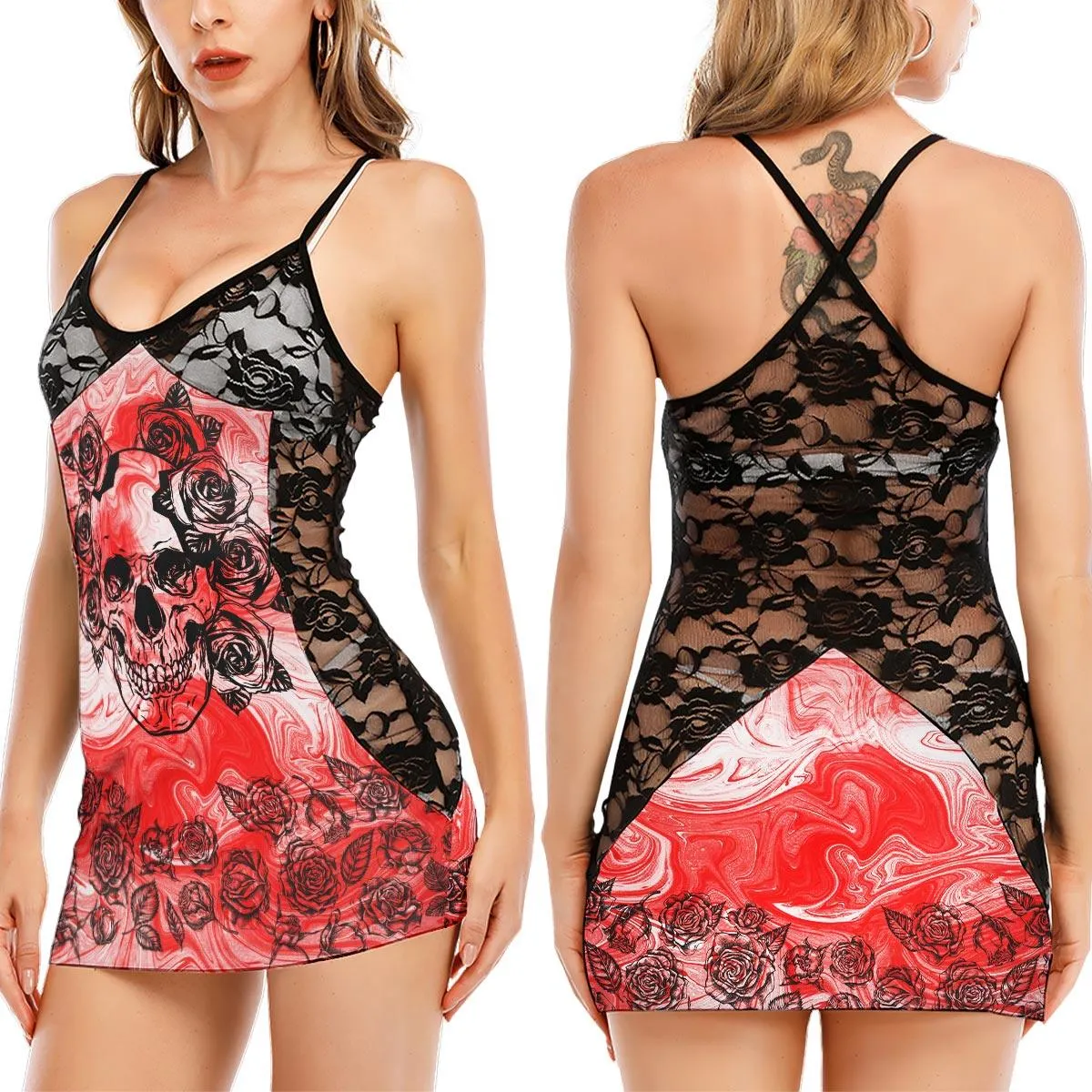 Red Gothic Rose Skull Black Lace Sleepwears Babydol Dresses