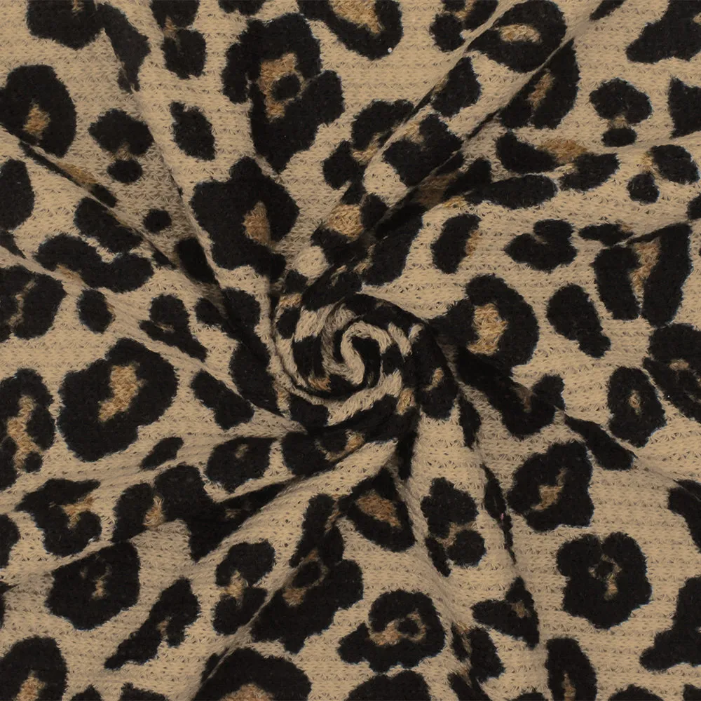 Sand Beige-Black-Brown Cheetah Printed Stretch Poly Sweater Knit Fabric