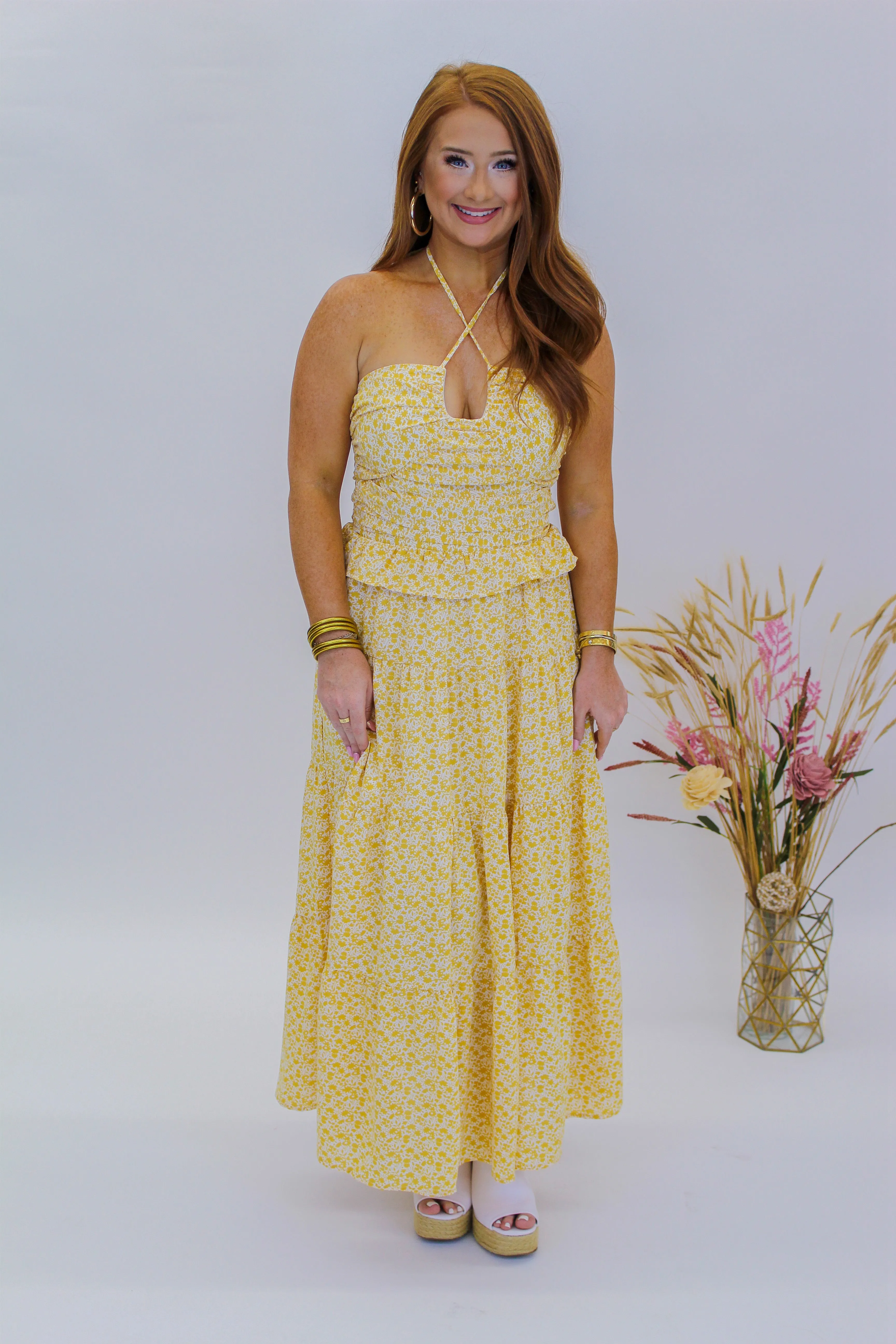 Sunny Day Halter Tiered Maxi- Gold