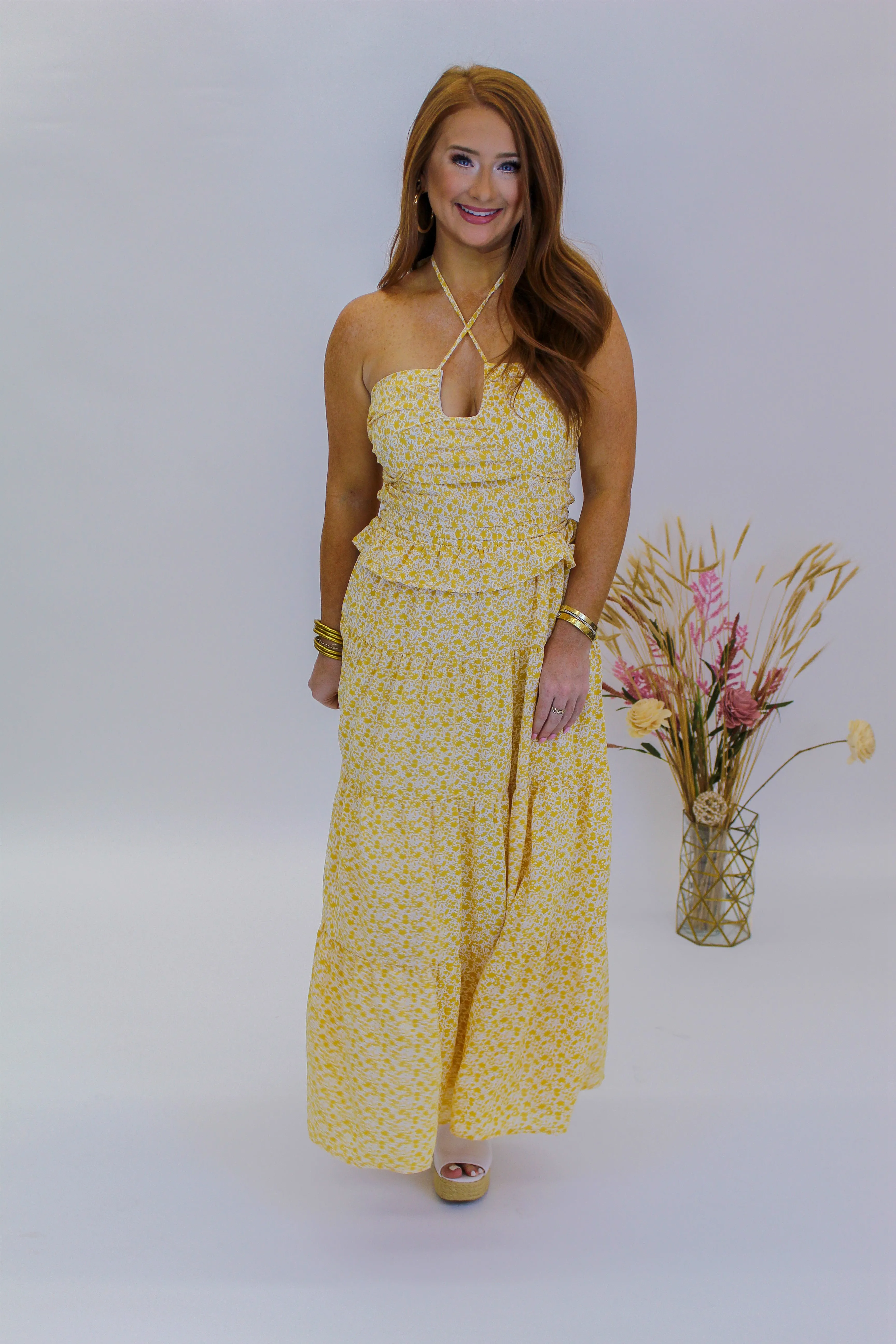 Sunny Day Halter Tiered Maxi- Gold