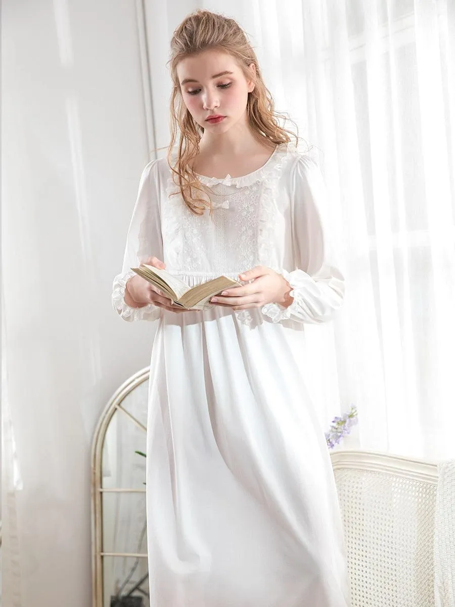 Vintage Delicate Lace Women's Nightgown, Victorian Royal Spring Autumn Princess Loose Nightgown