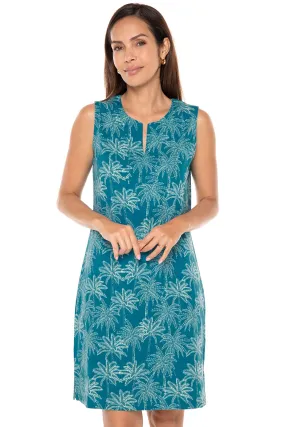 Women's Oceanside Tank Dress | Tahitian Teal Swaying Palms